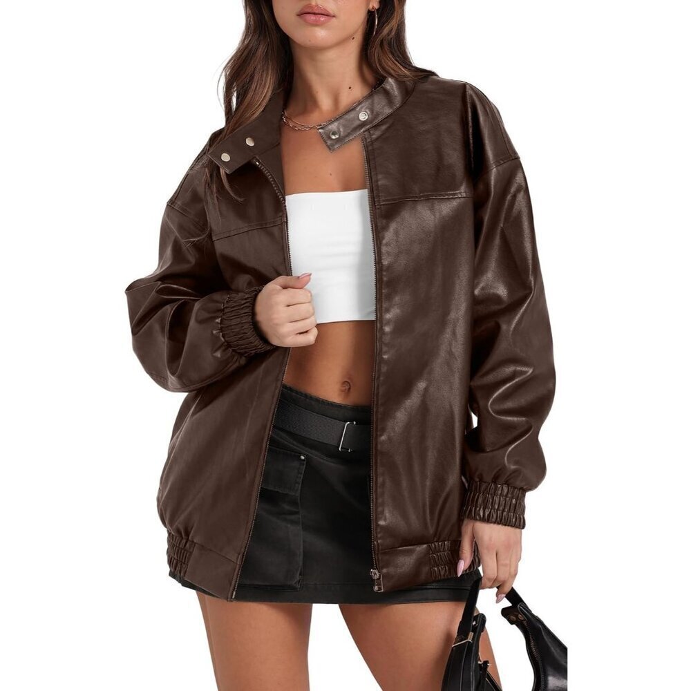 🆕Women's brown Faux Leather Oversized Motorcycle Bomber Jacket Coat